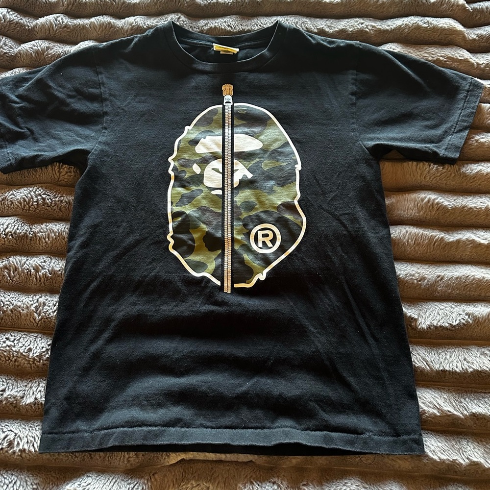 Bape Black Tee with Green Camo Ape Head and Zip Graphic
